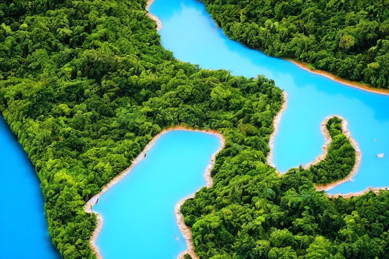 Prompt: a gigantic blue lagoon with the shape of a detailed human heart, in the middle of a exhuberant and colorful jungle, roads to the lake as veins and arteries, aerial photography by yann arthus bertrand