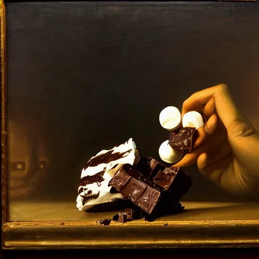 Image similar to saturn devouring a snickers chocolate bar, goya painting, in the style of goya and greg rutkowski, in the style of black paintings, 8 k, highly realistic