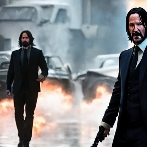 Image similar to john wick with the avengers, dramatic, epic, cinematic, key moment, lighting effects