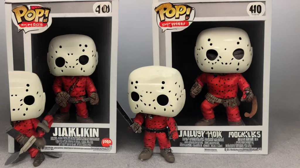 Image similar to a Funko Pop Collectible of Jason Voorhees. Wearing hockey mask, holding axe.