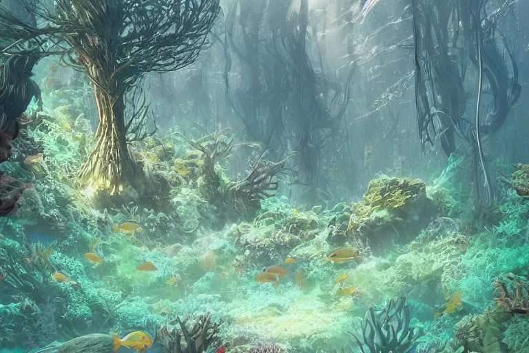 Prompt: Fantastical underwater forest by Eywind Earle and Moebius, trending on artstation