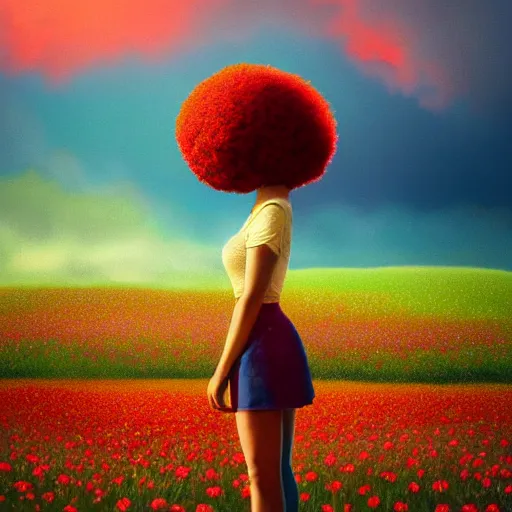 Prompt: girl with afro made of red flower, standing in a field with flowers, surreal photography, hills, big trees, sunrise dramatic light, impressionist painting, colorful clouds, digital painting, pointillism, artstation, simon stalenhag