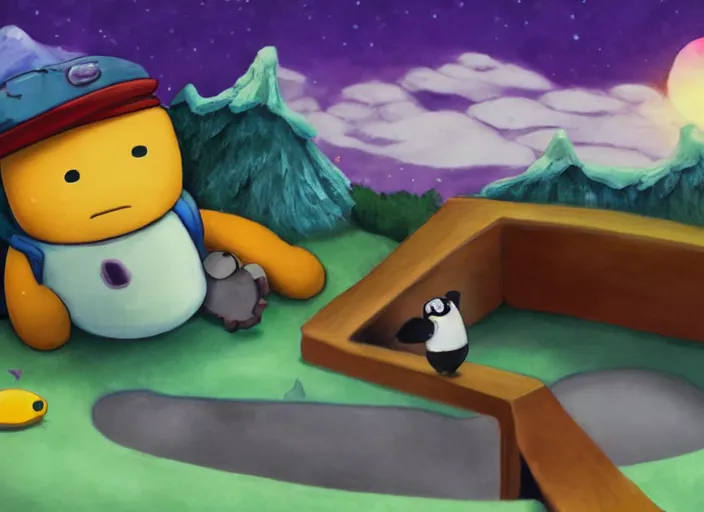 Image similar to a realistic photograph of Beemo from adventure time playing with a penguin, photorealistic, photograph, in a treehouse purple sky