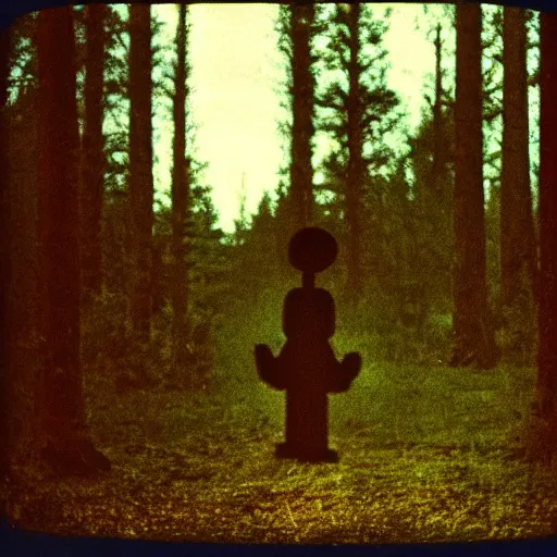 Prompt: 1 9 8 0 s vintage photo of creepy figure shadow in the distance in the woods, lomochrome