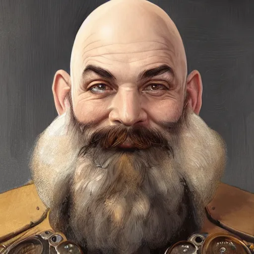 Prompt: Three quarters vintage portrait of a bald male steampunk dwarf with long brown beard, highly detailed, digital painting, art by Stanley Lau and Artgerm and magali villeneuve and Alphonse Mucha, artstation, octane render, cgsociety