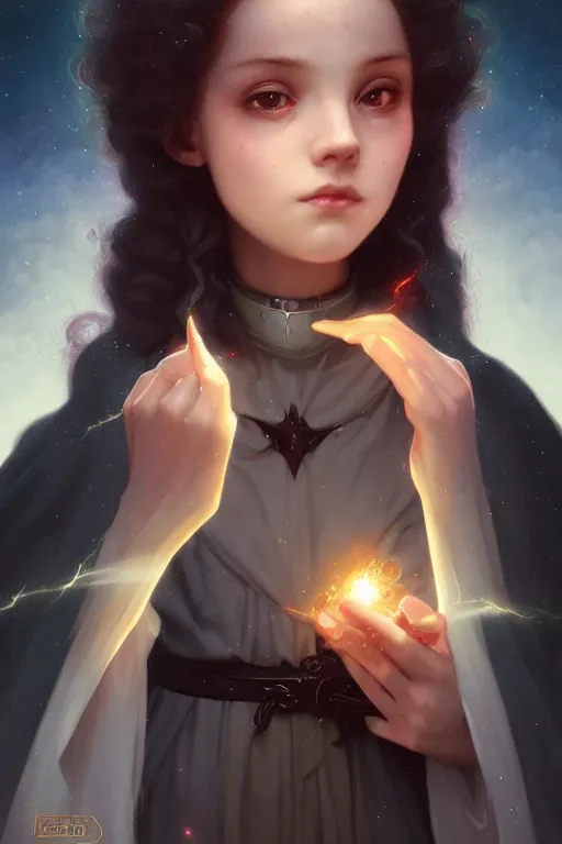 Image similar to a cute wizard girl conjuring a lightening ball, character art portrait, anime key visual, official media, illustrated by tom bagshaw, wlop, william bouguereau, extremely detailed, 8 k, trending on artstation, cinematic lighting, beautiful