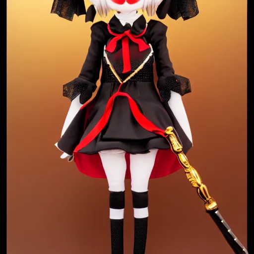Image similar to cute fumo plush of a gothic maiden in a black and red gold lined uniform, laces and ribbons, soft shadow, anime girl, vray, symmetry, white frame