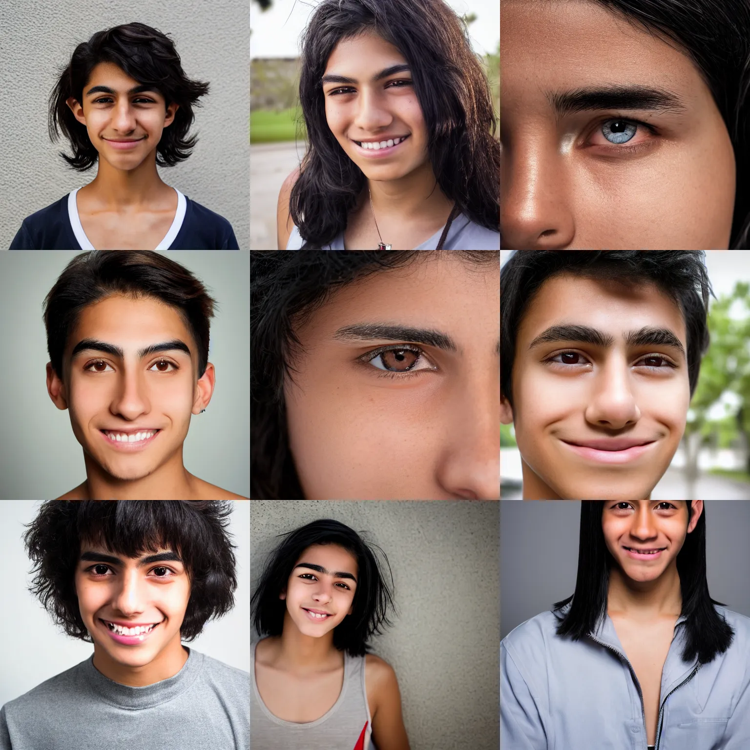 Image similar to close up headshot of an androgynous Hispanic teen with medium length slightly wavy black hair a wide smile brown eyes a small nose tidy plucked eyebrows dark brown eyes and a diamond shaped face, high resolution film still, 8k, HDR color, gazing dark brown eyes, high cheek bones, trimmed eyebrows