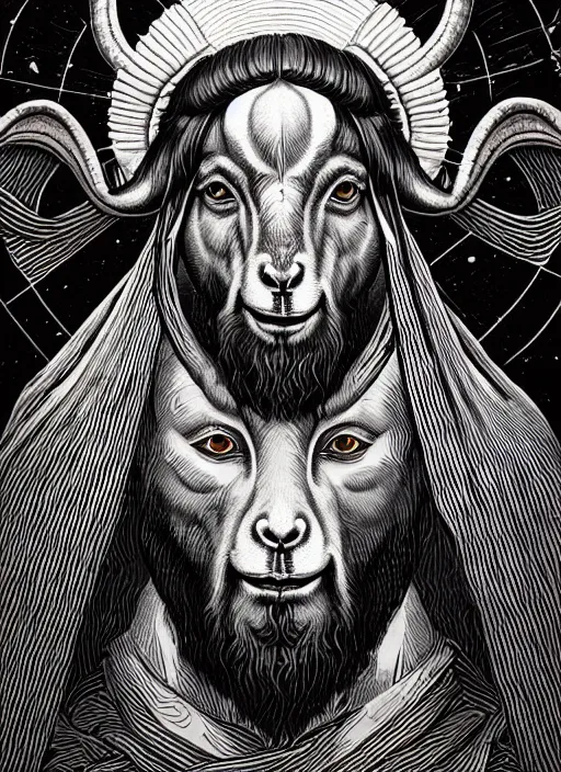 Image similar to hyper detailed ultra sharp orthodox baphomet goat jesus icon, occult, sardonic man, piercing gaze, trending on artstation, byzantine aesthetic, doom, religious, sinister, ornate, intricate, digital painting, concept art, smooth, sharp focus, illustration, art by josan gonzalez, greg rutkowski, killian eng and zdizslaw beksinski