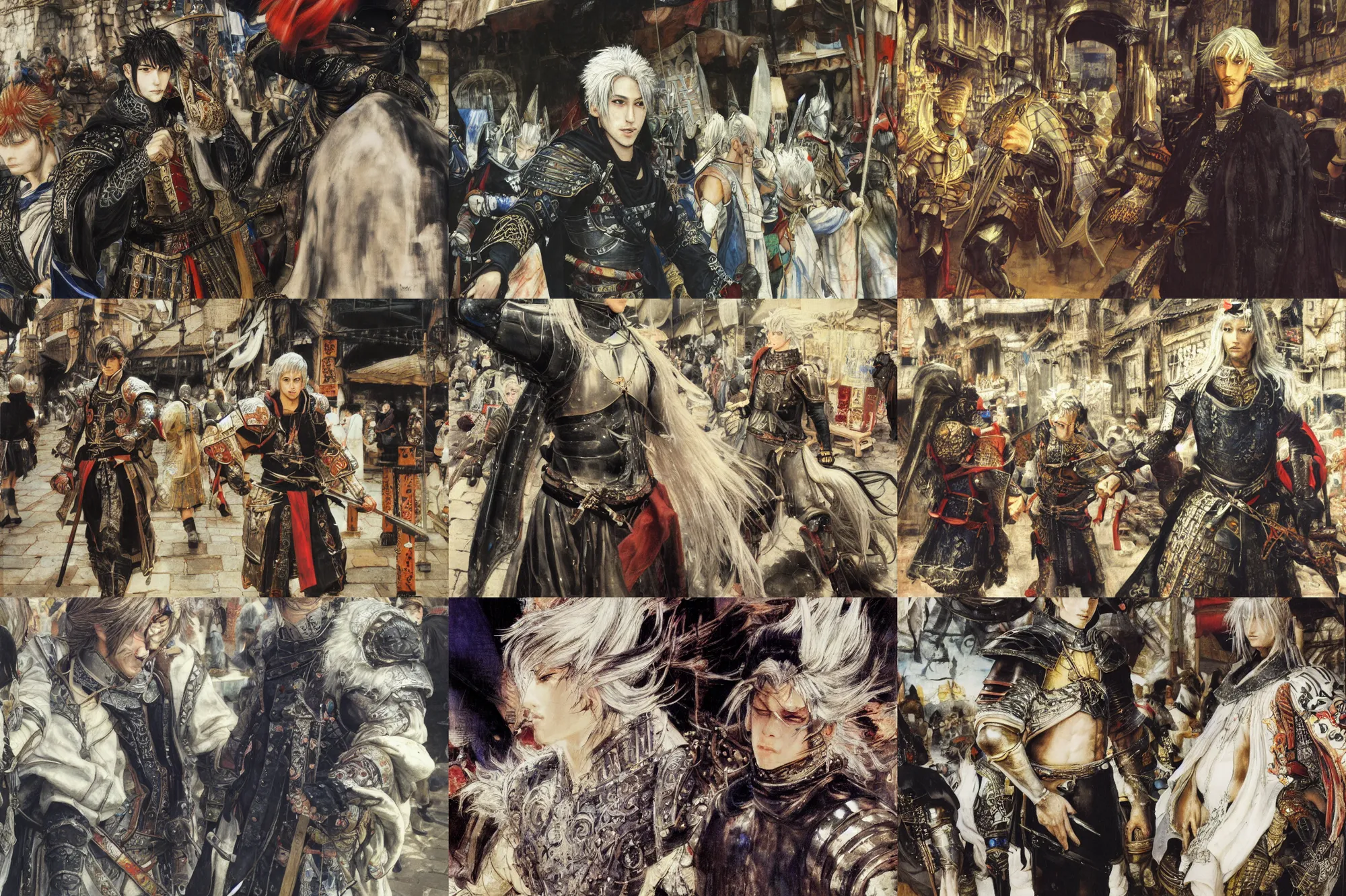 Prompt: 8k Yoshitaka Amano painting of upper body of a young cool looking man at a medieval market at windy day. Depth of field. White hair, He is wearing complex fantasy armors. Renaissance style lighting.