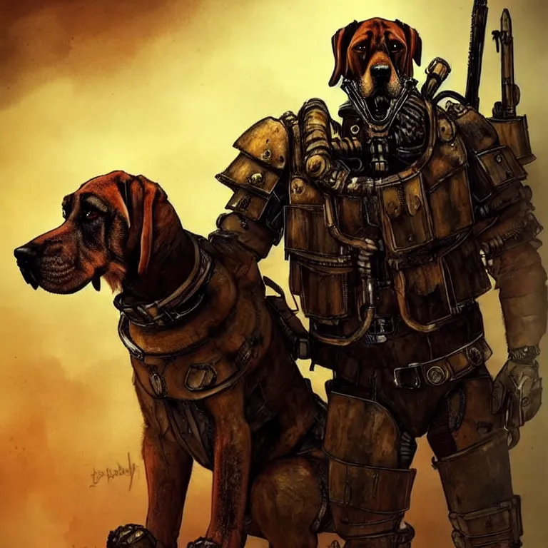 Image similar to a good ol'bloodhound pup fursona ( from the furry fandom ), heavily armed and armored facing down armageddon in a dark and gritty version from the makers of mad max : fury road. witness me.