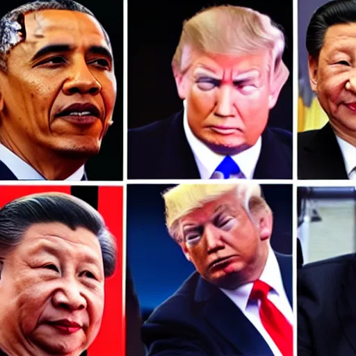 Image similar to vladimir putin, obama, trump and xi jinping at a strip club, hyperrealistic face, cnn, fox news,