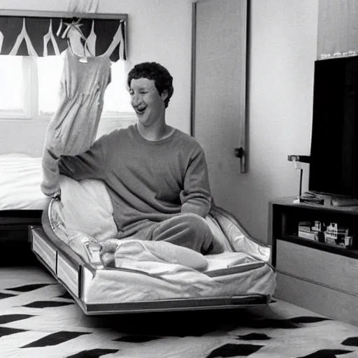 Image similar to mark zuckerberg in a pajama onesie getting tucked into a racecar bed by his mother circa 1 9 9 1