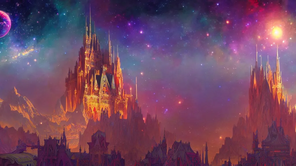 Image similar to a beautiful highly detailed matte painting of colorful castle nebulas by moebius, alphonse mucha, stars in the background, highly detailed, intricate design, cinematic view, 8 k resolution, octane render, trending on artstation and cgsociety