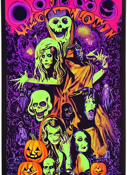 Image similar to Halloween (1978), Psychedelic velvet black light poster, Wes Wilson, Bonnie Maclean, Greg Irons, highly detailed