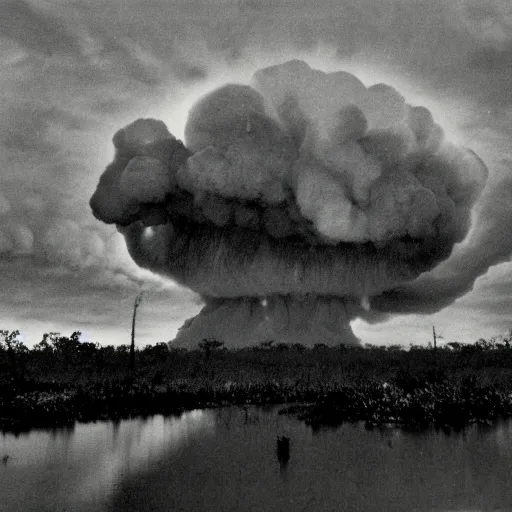 Image similar to dark photo of a nuclear explosion in the louisiana swamps, pictorialism