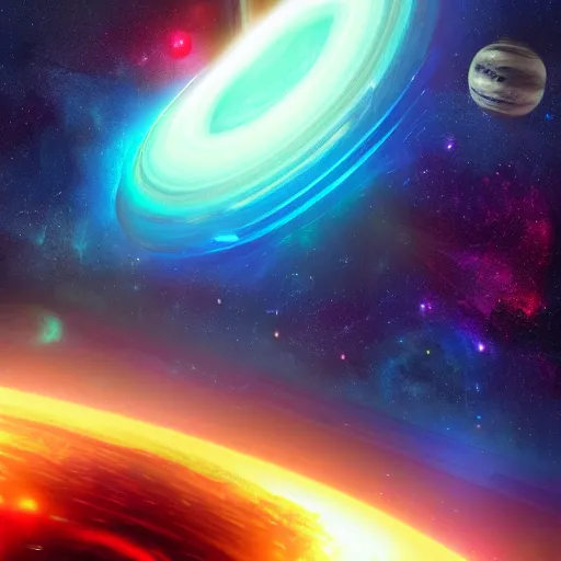 Image similar to glowing glorious 3D ((((black hole)))) in movie, intergalactic, ((space theme)), galaxy colored, hyperdetailed, digital painting, trending on Artstation, cel-shading style, CG society, hyperdetailed, digital painting, hypermaximalist, golden ratio, volumetric, octane render, weta digital, micro details, 3d sculpture