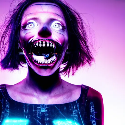 Image similar to a terrifying but beautiful young woman with wires for hair, full body, glowing eyes, razor sharp teeth, computers, horror, studio lighting, 8 5 mm f 1. 8, cyberpunk, full body portrait, masterpiece, trending, highly detailed, realistic