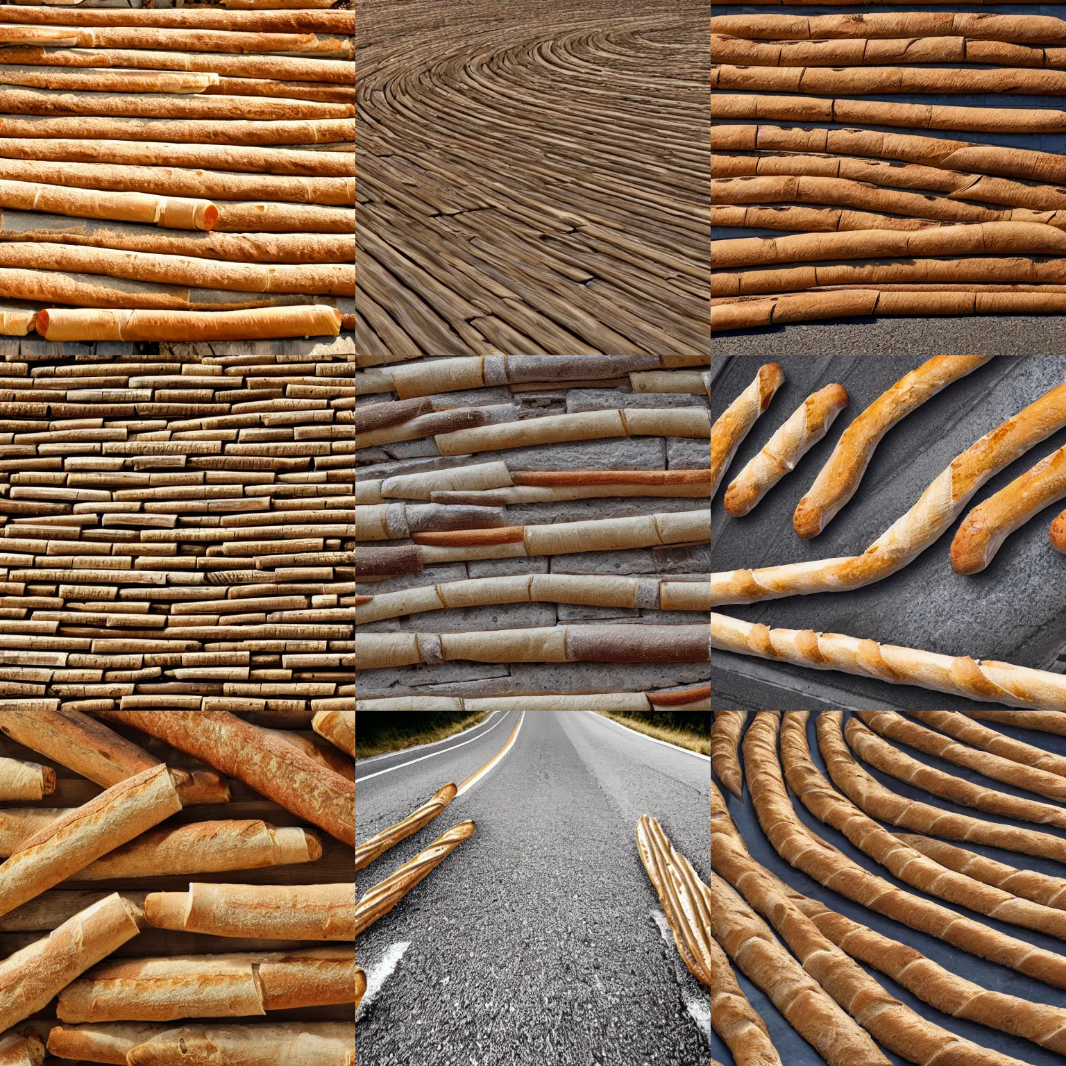 Prompt: 4K picture of a road made from baguettes, UHD, 8K, award winning