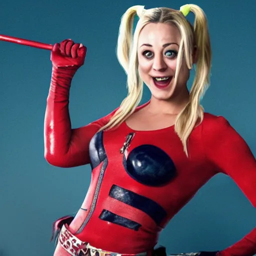 Image similar to A still of Kaley Cuoco as Harley Quinn