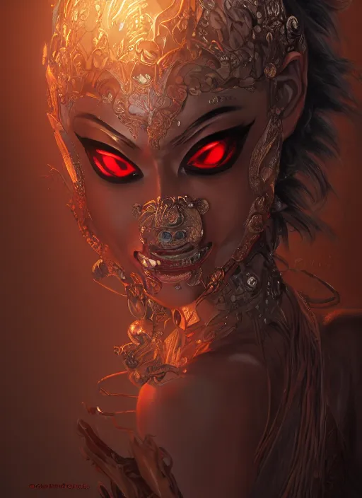 Image similar to a beautiful detailed oil on copper art illustration of a japanese hyottoko mask devil woman, centered, by charlie bowater, zeng fanzh, trending on artstation, dim dusk lighting, cinematic lighting, detailed lighting, volumetric lighting, realistic, f 8, 4 k hd wallpaper