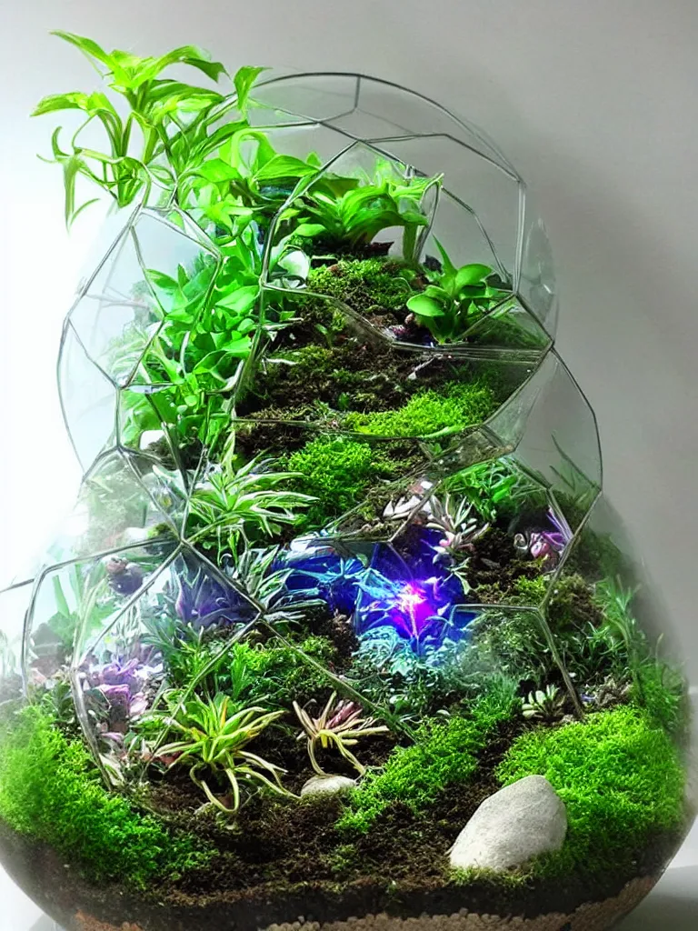 Prompt: terrarium with plants from a different planet. holographic, beautiful, ethereal
