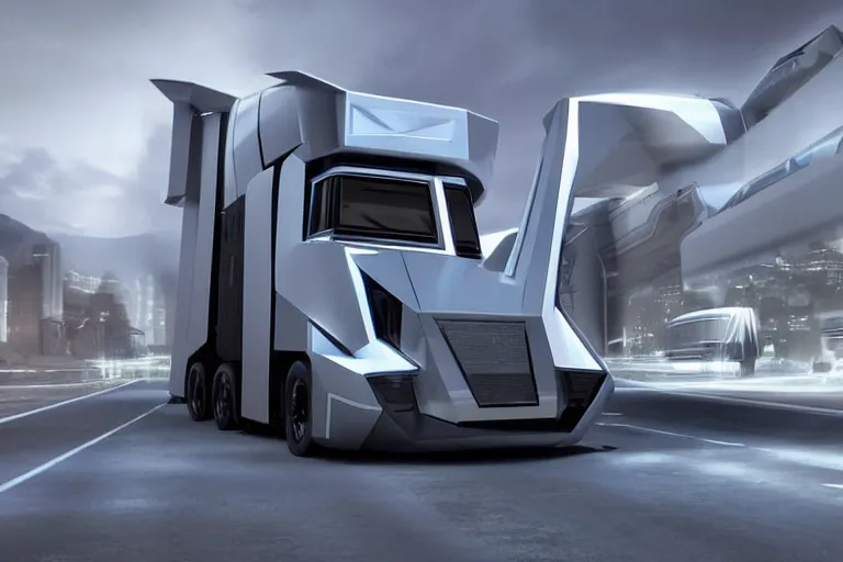 Image similar to still photo of a futuristic truck with 8 wheels, highly detailed, photorealistic portrait, bright studio setting, studio lighting, crisp quality and light reflections, unreal engine 5 quality render