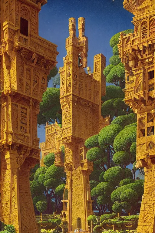 Prompt: ancient carved tower of the moon in its gardens fairytale illustration, elaborate latticed balconies, tall windows, moorish architecture, formal gardens, dramatic cinematic lighting, soft colors, golden age illustrator, unreal engine, by Ludwig Deutsch and William Dyce and Andreas Rocha and (Maxfield Parrish and Nicholas Roerich)