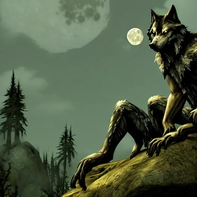 Image similar to A werewolf sitting on a rock, woodland creek, realistic, skyrim style, yellowish full moon