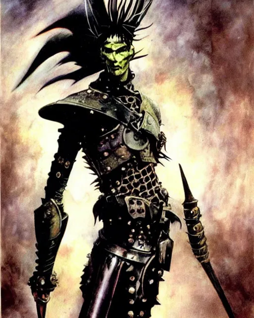 Prompt: portrait of an androgynous skinny punk goth sorcerer wearing armor by simon bisley, john blance, frank frazetta, fantasy