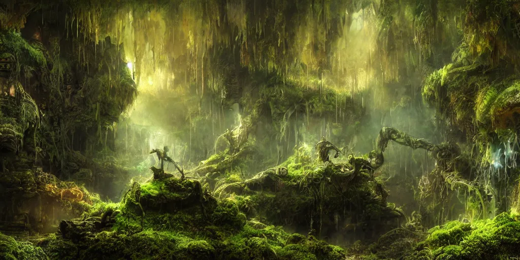 Prompt: magnificent mechanical steampunk monster looking eerily into a cave entrance with lush vegetation and mystical (((glowing algae))) in the sunset, light coming through from holes in the ceiling, waterfalls, desaturated, creepy ambiance, dangerous, sharp focus, highly detailed, artgerm