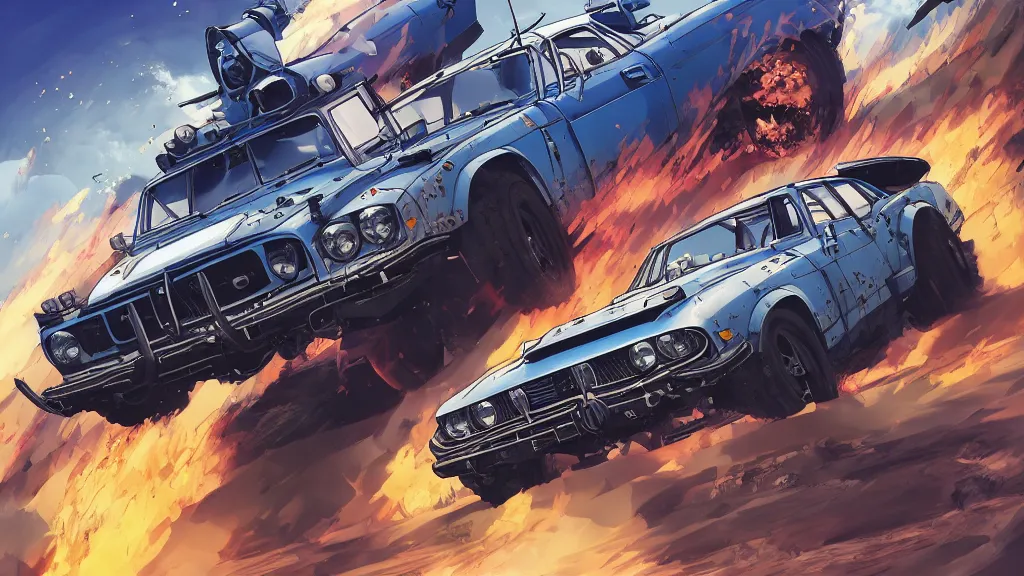 Prompt: anime illustration of mad max's fj 4 0 pursuit special, the last v 8 interceptor driving down to the gates of valhalla highway, riding fury road eternal shiny and chrome, world of fire and blood, by makoto shinkai, ilya kuvshinov, lois van baarle, rossdraws, basquiat, global illumination ray tracing hdr