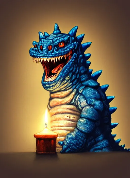 Image similar to portrait of a screaming tiny fat blue godzilla in a hat, intricate, elegant, candle light, highly detailed, digital painting, artstation, concept art, smooth, sharp focus, illustration, art by wlop, mars ravelo and greg rutkowski