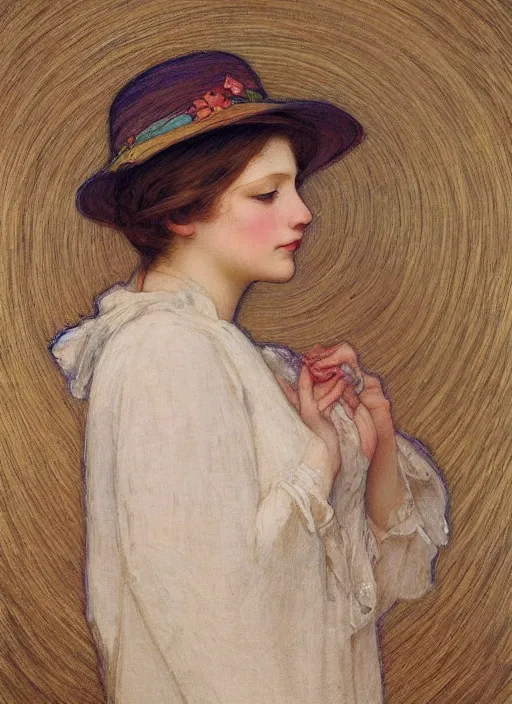 Image similar to leslie burke with straw hat, mucha