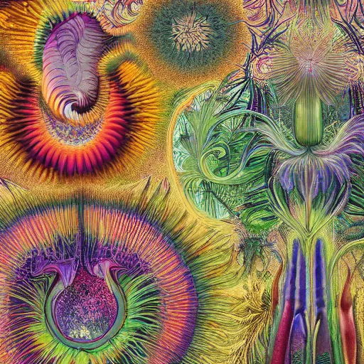 Prompt: colorful artwork by ernst haeckel with vividly fractured pixiv scenery art macroscopic imprints of ethereal plant illumination, put onto canvas