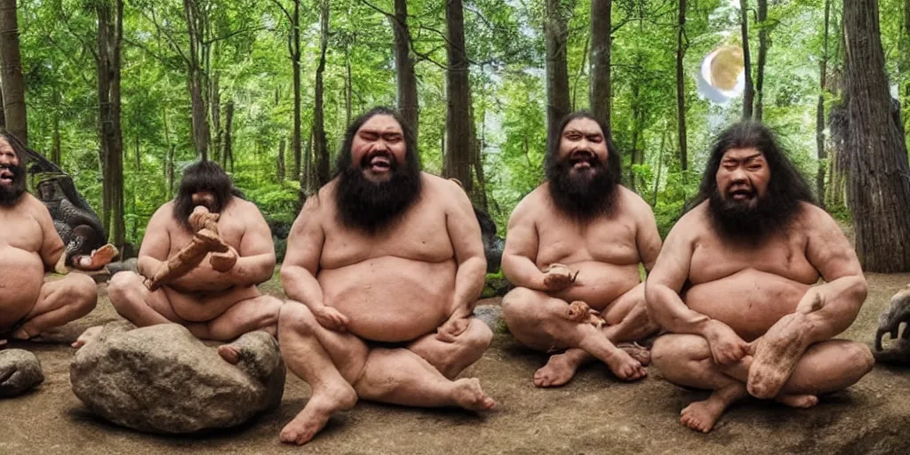 Prompt: photo, three hairy neanderthal people, sumo japanese, eating inside mcdonalds, surrounded by dinosaurs!, gigantic forest trees, sitting on rocks, bright moon, birthday cake on the ground, front view