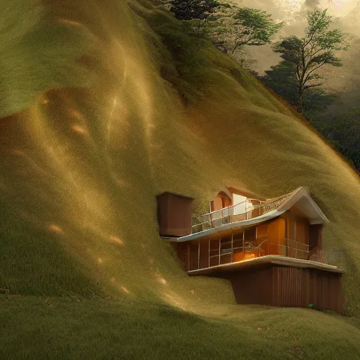 Image similar to small hillside house made of honey, modern lighting, hyper - realistic, hyper - detailed, 8 k, octane rendered, art nouveau, organic, flowing, impossible torsion, writhing, dynamic