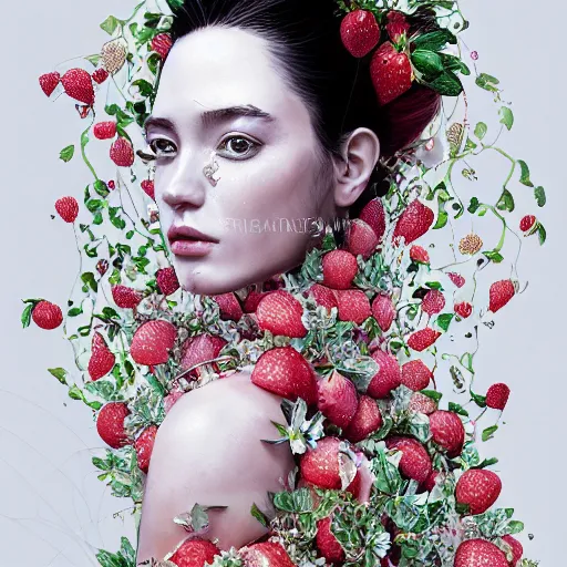 Image similar to the portrait of an absurdly beautiful, graceful, elegant, sophisticated, fashionable young woman made of strawberries and white petals with tears, an ultrafine hyperdetailed illustration by kim jung gi, irakli nadar, intricate linework, bright colors, octopath traveler, final fantasy, unreal engine 5 highly rendered, global illumination, radiant light, detailed and intricate environment