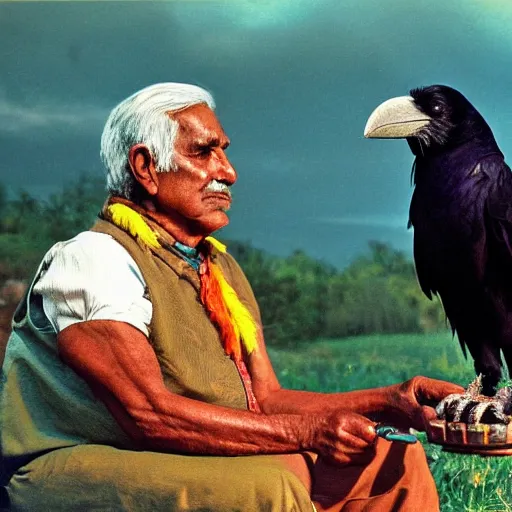 Image similar to elderly Indian Don Juan is sitting in a field with peyote and smoking a pipe , a raven walks next to him