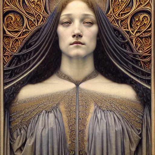 Image similar to detailed realistic beautiful young medieval queen face portrait by jean delville, gustave dore and marco mazzoni, art nouveau, symbolist, visionary, gothic, pre - raphaelite. horizontal symmetry