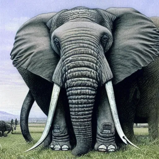 Image similar to a giant elephant machine, 8 k, ultra _ realistic, art by alan lee