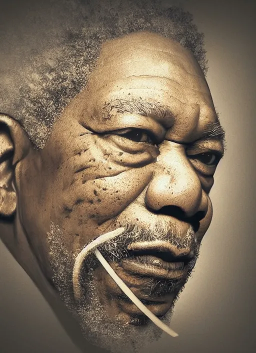 Prompt: a photo realistic portrait of morgan freeman as a horse, gold and smoke, portrait, rembrandt lighting, octane render, hyperrealistic