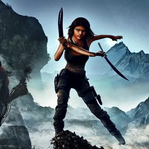 Prompt: Selena Gomez as Lara Croft fighting pirates