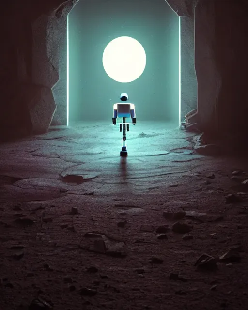 Image similar to a robot standing in front of a glowy open door that's on a barren moon, poster art by mike winkelmann, trending on cg society, space art, sci - fi, ue 5, futuristic, volumetric lighting, light casting onto the ground, neat composition and camera angle