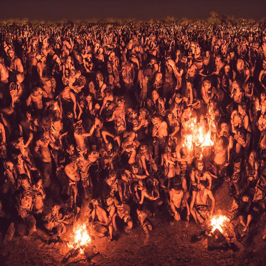 Prompt: stunning night photograph of ravers in the desert around a fire circle, hugging anatomically correct