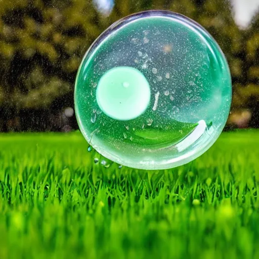 Prompt: high resolution photo of a giant water droplet floating above the green grass in the park, 4 k, vibrant lighting, award winning photography.