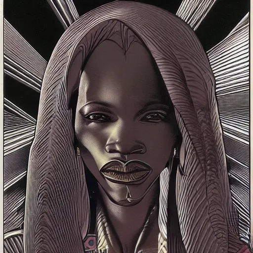 Image similar to african woman, cyberpunk, retro vintage art, cool, 80s, nomad, street style, symmetrical, 2d matte illustration, Stanisław Szukalski + Moebius,