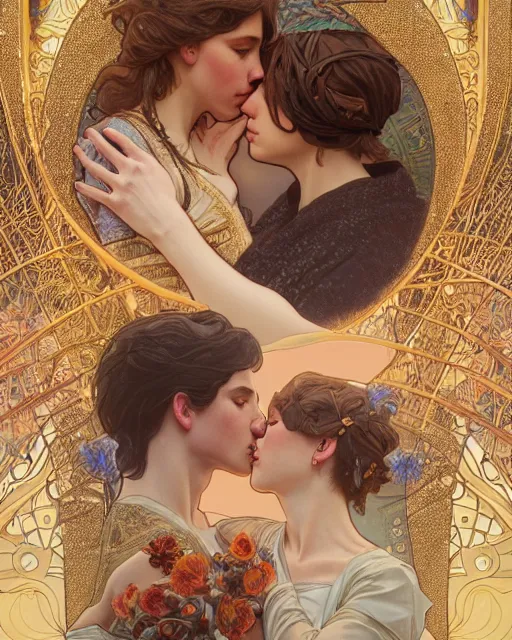 Image similar to the kiss | highly detailed | very intricate | art nouveau | gold filigree | romantic storybook fantasy | soft cinematic lighting | award - winning | painted by mandy jurgens and alphonse mucha and alena aenami | pastel color palette | featured on artstation