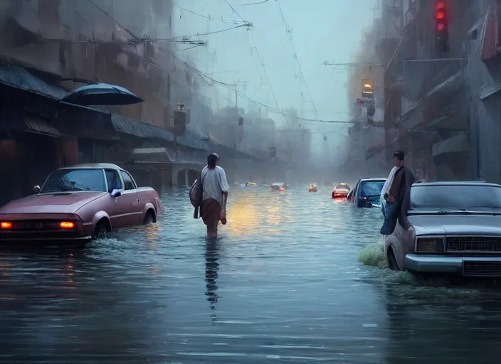Prompt: cars driving through shallow water, flooded city, people walking through shallow water, muted colors, hyperrealistic, oil painting, intricate, cgsociety, artstation, 8 k, cinematic, soft lighting, by greg rutkowski, by wlop, by artgerm