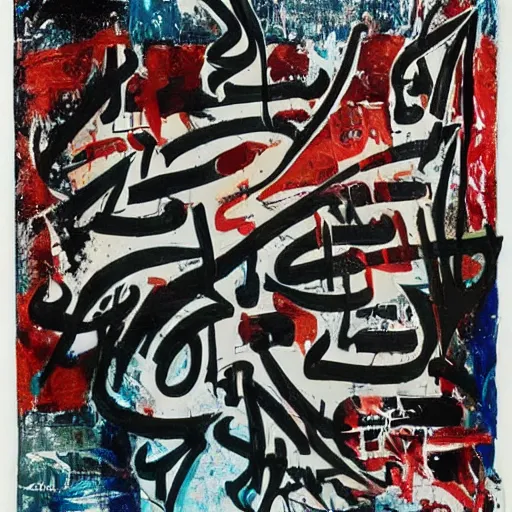 Image similar to arabic calligraphy with elements of transylvanian folk art, in the style of graffiti, made by jean michel basquiat